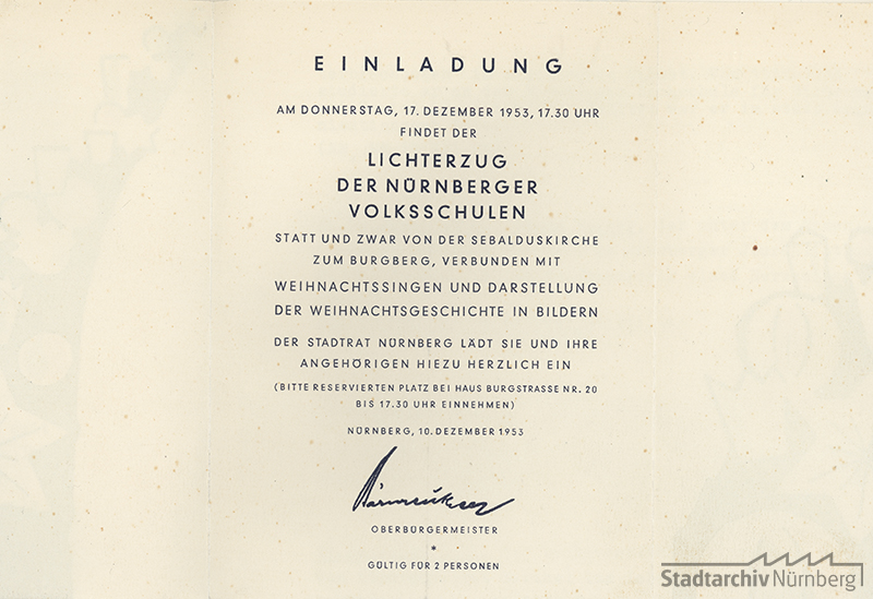 Innenseite der Einladungskarte zum Lichterzug 1953. Quelle Stadtarchiv Nürnberg