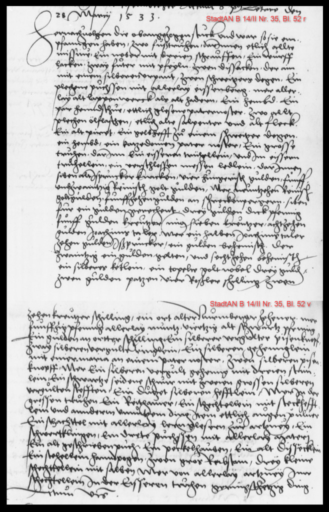 Eintrag des Nachlassinventars im Stadtgerichtsbuch von 1533 (StadtAN B 14/II Nr. 35 Bl. 52r -53v)