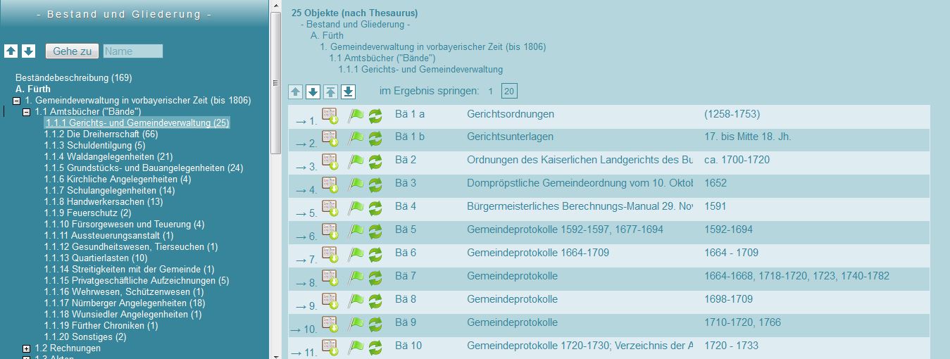 Bestände und Gliederung in der Onlinerecherche des Stadtarchivs Fürth