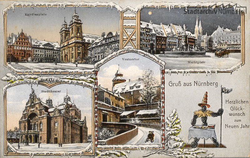Die um 1912 verlegte Postkarte zeigt bekannte Motive aus dem verschneiten Nürnberg. Ein Zwetschgenmännla sendet einen Herzlichen Glückwunsch zum neuen Jahr. Quelle Stadtarchiv Nürnberg