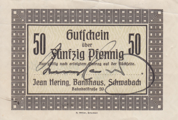 50-Pfennig-Gutschein der Privatbank Häring in Schwabach von 1918