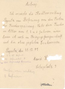 Nachkriegszeit: Marie H., die Frau eines Kriegsgefangenen, bittet am 29. Dezember 1947 um die Befreiung von den Kosten der Kinderspeisung (Stadtarchiv Pegnitz)