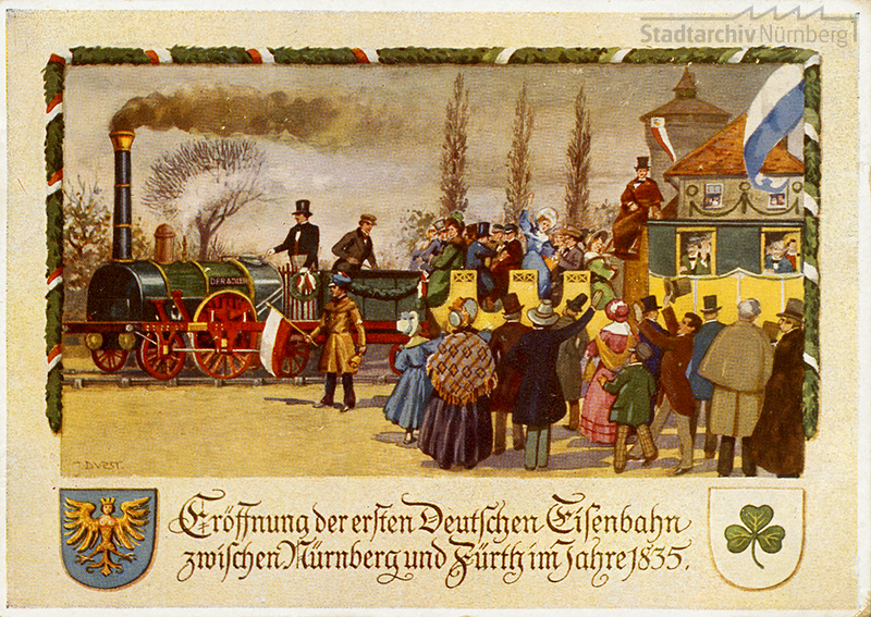 Postkarte von der Eröffnung der ersten Deutschen Eisenbahn zum 100jährigen Jubiläum 1935 (Stadtarchiv Nürnberg A 5 Nr. 2077)