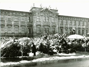 Weihnachtsbaumverkauf auf dem Schloßplatz im Schnee (StadtAE VI.A.b.1221)