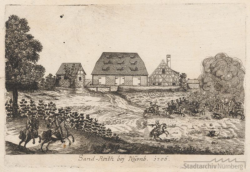 Ansicht des Gutes Sandreuth auf einem Kupferstich von Johann Alexander Boener 1706 (Reitergefecht bei Dandreuth) (Stadtarchiv Nürnberg E 13/II Nr. 234)
