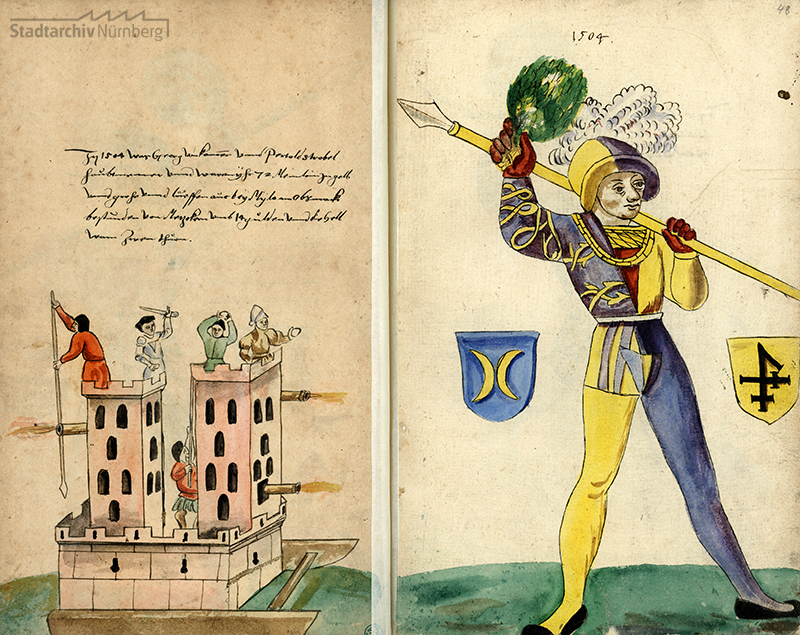 Läufer (mit Wappen der beiden Schembarthauptleute) und Hölle des Schembartlaufs 1504