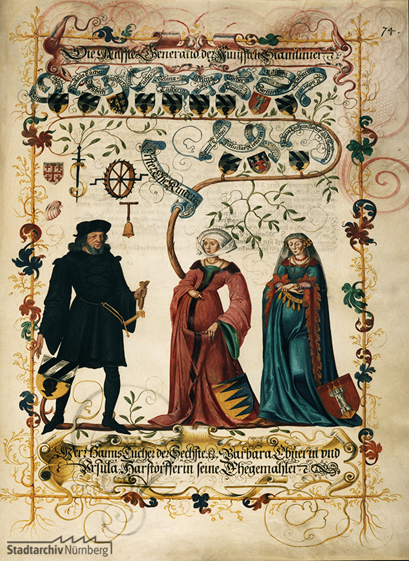 Die Miniatur aus dem Großen Tucherbuch (um 1590) zeigt Hans VI. Tucher mit seinen beiden Frauen Barbara, geb. Ebner, und Ursula, geb. Harsdörffer