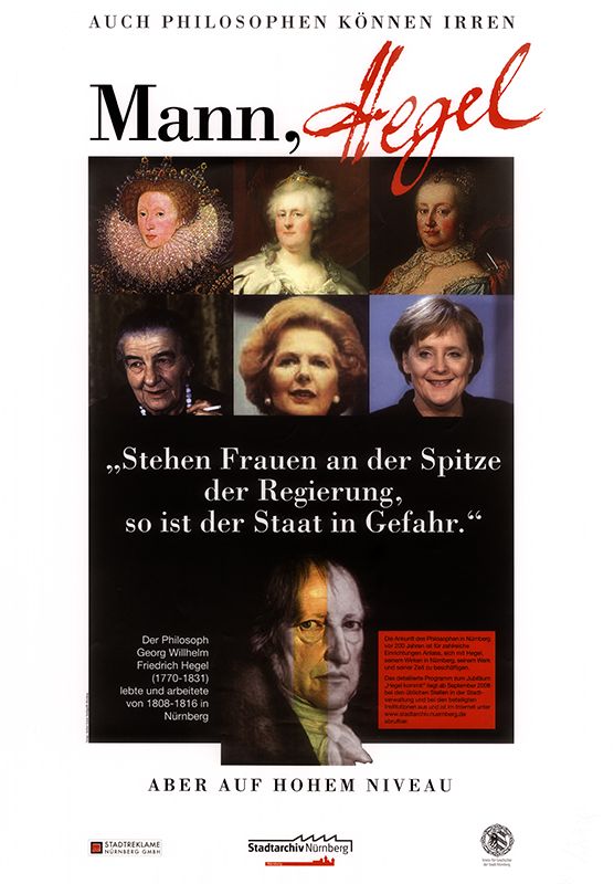 Plakat zu den städtischen Jubiläumsveranstaltungen zum 200. Jahrestag der Ankunft Hegels in Nürnberg 1808, 2008. (Stadtarchiv Nürnberg A 28 Nr. 2008/146 Format II)