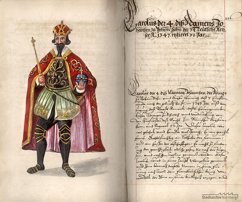 Kaiser Karl IV. Eintrag in einer Nürnberger Chronik des 17. Jahrhunderts (Stadtarchiv Nürnberg F 1 Nr. 132, fol. 215v-216r)