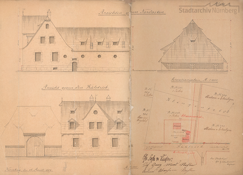 Bauzeichnungen der Schwedenscheune und des Wohnhauses, Lageplan Klingenfeld 1889