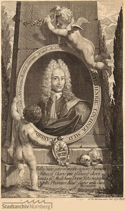 Porträt des Johann Heinrich Lochner, Kandidat der Medizin; geb. 1695; gest. 1715. Kupferstich von Georg Daniel Heumann 1715. Stadtarchiv Nürnberg A 7/I Nr. 1747.