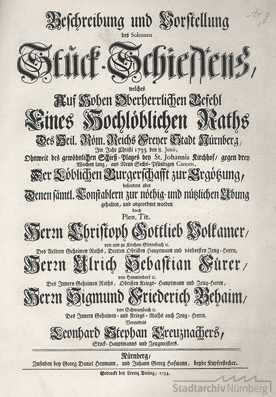 Titelblatt des 1734 von den Kupferstechern Georg Daniel Heumann und Johann Georg Hofmann verlegten Buchs über das letzte große Stückschießen in der Reichsstadt im Jahre 1733. Stadtarchiv Nürnberg Av-Bibl. 9.2, Titelblatt.
