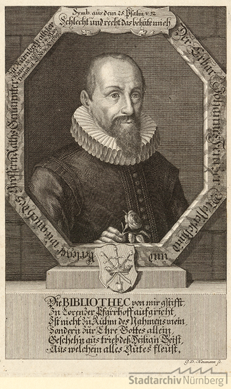 Porträt des Johann Fenitzer, Messerschmied und Verleger, Genannter; geb. 14. Mai 1565; gest. 21. November 1629, Kupferstich von Georg Daniel Heumann 1710. Stadtarchiv Nürnberg E17/II Nr. 689.