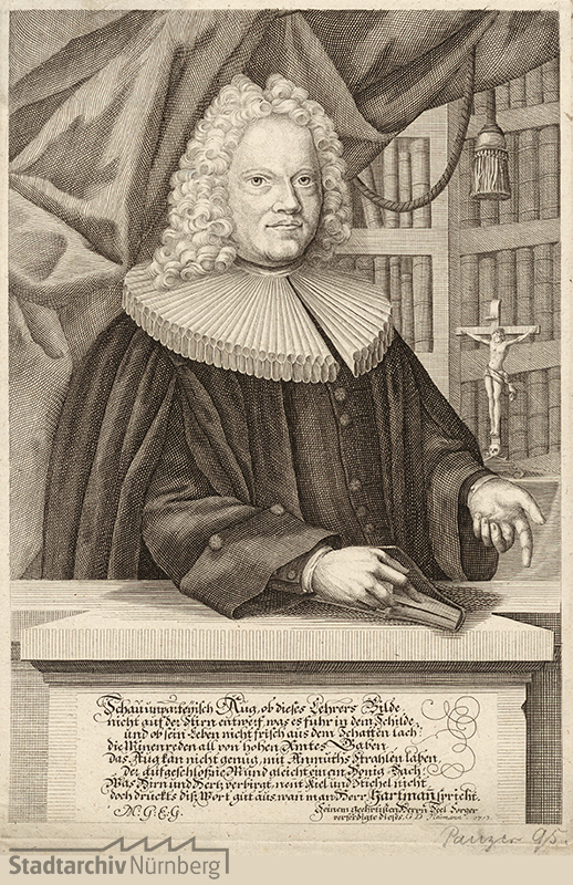 Porträt des Johann Jacob Hartmann, gewidmet vom Stecher, der den Porträtierten als seinen Seelsorger bezeichnet, Kupferstich von Georg Daniel Heumann 1713. Stadtarchiv Nürnberg A 7/I Nr. 1120.