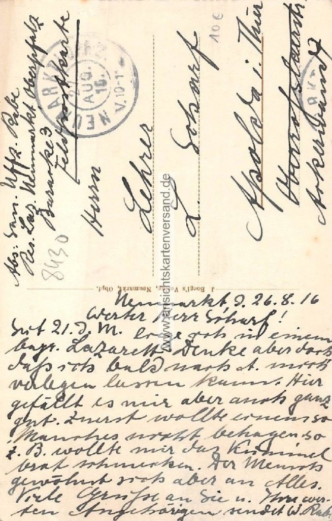 Feldpostkarte des Sanitätsunteroffiziers Rebl, geschrieben am 26. August 1916