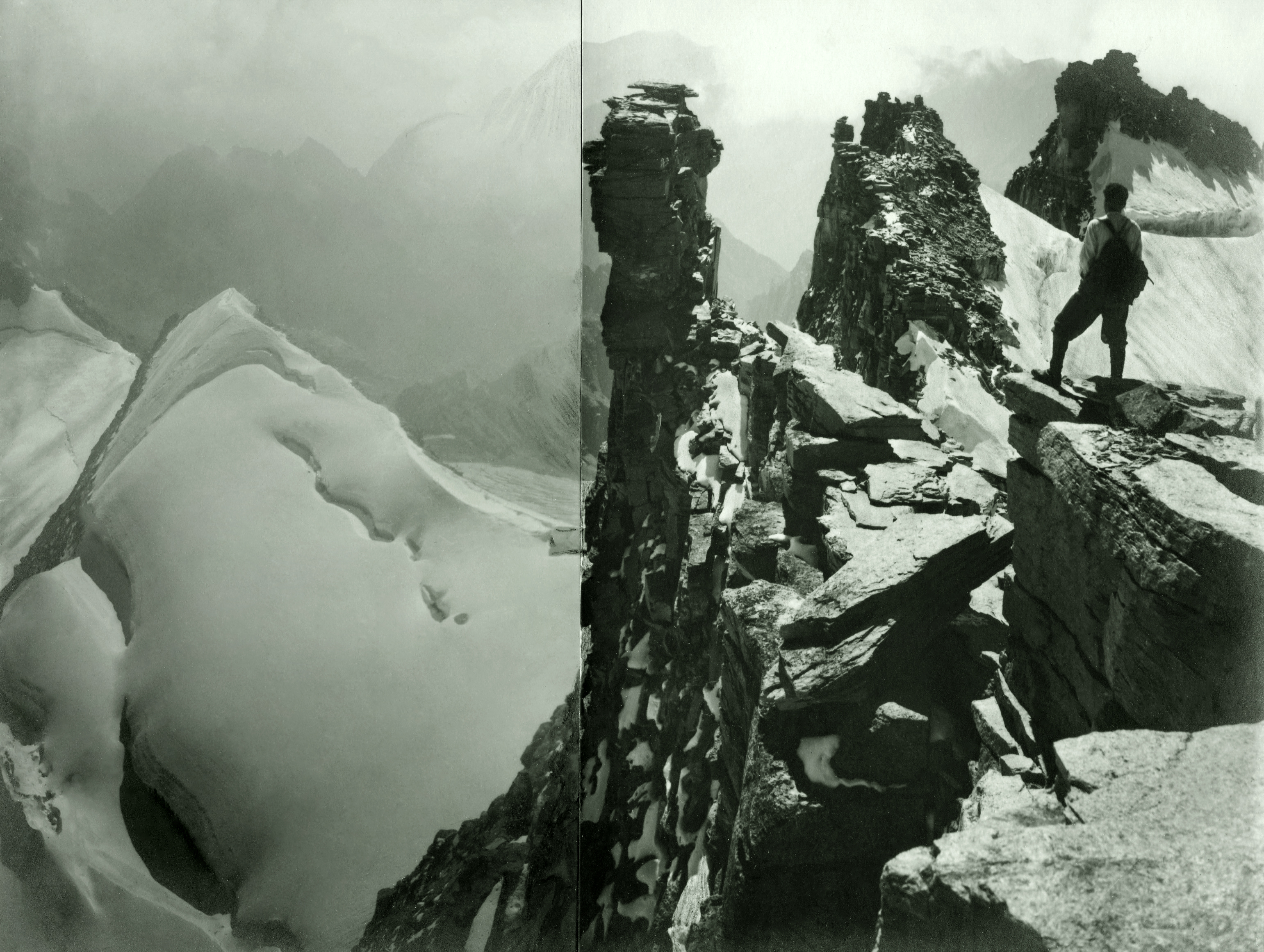 Vom Gran Paradiso gegen Südosten, auf den Felsklippen Alfred Cohn. Montage aus zwei Aufnahmen. September 1928.