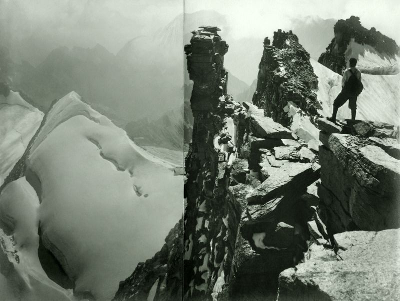 Vom Gran Paradiso gegen Südosten, im Vordergrund Alfred Cohn auf den Felsklippen. Sommer 1928