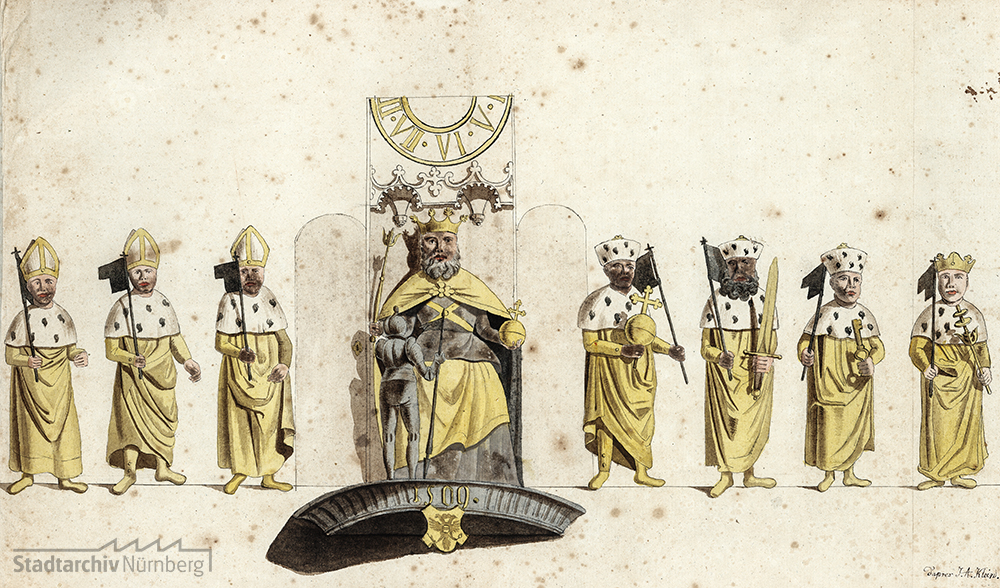 Beschreibung des „Männleinlaufens“ an der Frauenkirche mit kolorierten Zeichnungen der Figuren Kaiser Karls IV. und der sieben Kurfürsten (nachgemalt nach Johann Adam Klein).