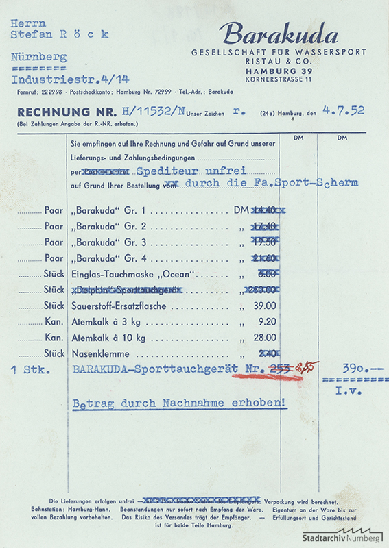 Rechnung der Barakuda Gesellschaft für Wassersport Ristau & Co., Hamburg
