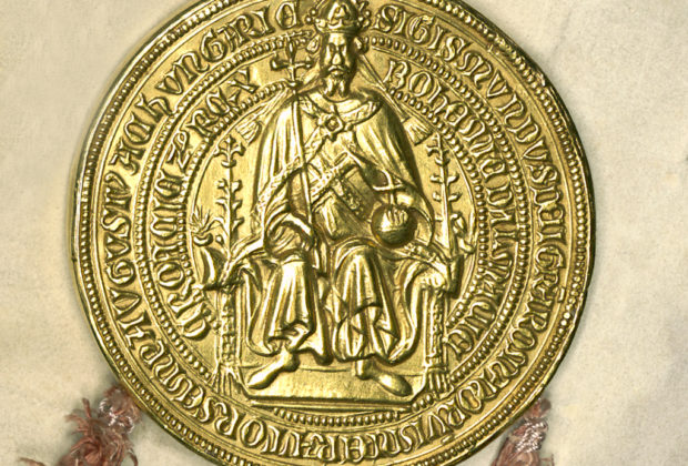 Goldbulle Kaiser Sigismunds an einer Privilegienbestätigung für das Nürnberger Heilig-Geist-Spital vom 14. Februar 1434