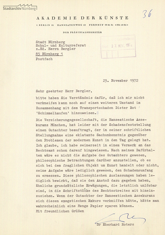 Schreiben Dr. Eberhard Roters an die Stadt Nürnberg vom 23.11.1972