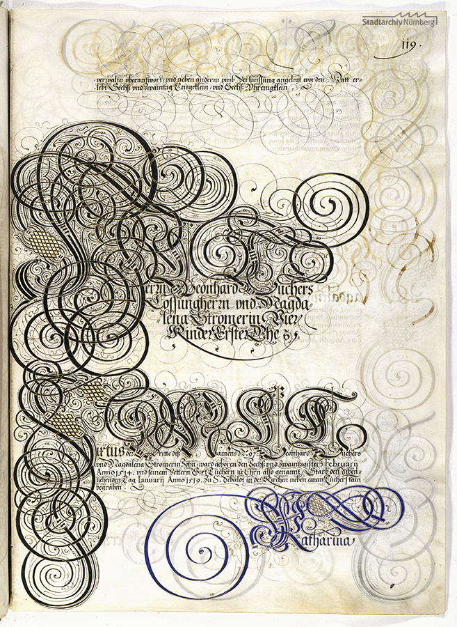 Das Große Tucherbuch: Eintrag zu Leonhard II. Tucher, Magdalena Stromer und Katharina Nützel und ihren Kindern. Pergamenthandschrift um 1590 (Stadtarchiv Nürnberg E 29/III Nr. 258, fol. 119r).