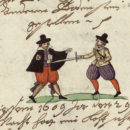 Überfall auf einen Nürnberger Boten 1609. Eintrag und Illustration in einer Nürnberger Chronik, um 1620