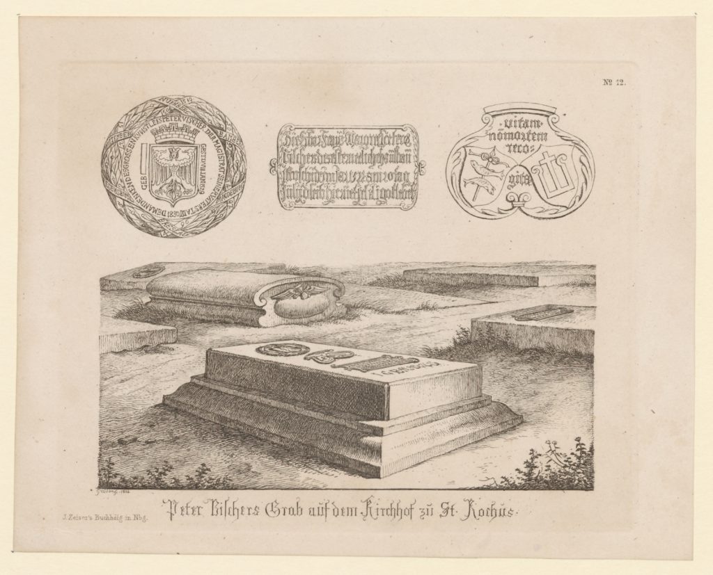 Georg Christoph Wilder: das Grab Peter Vischers mit seinen Epitaphien. Links oben das städtische Ehrenmal von 1834