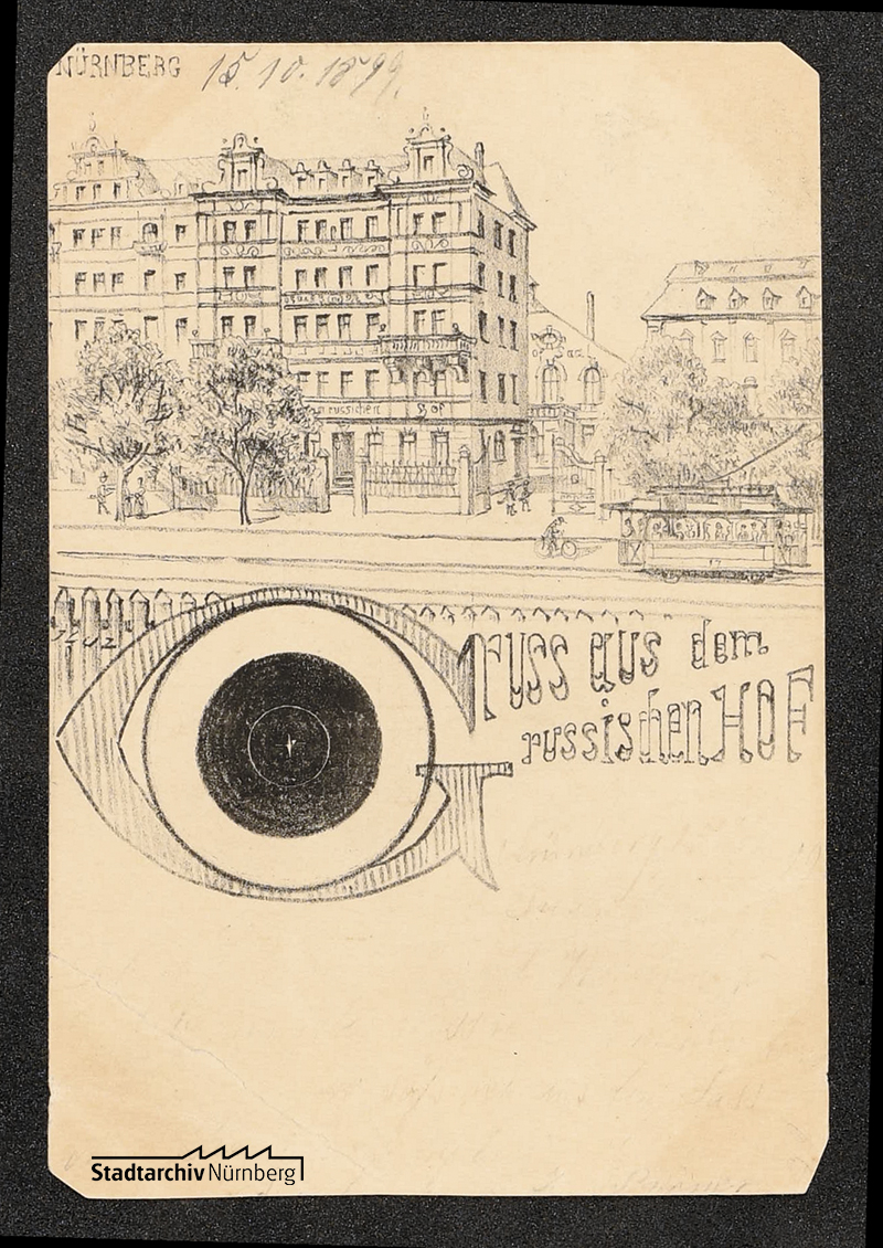 Vorderseite einer Postkarte vom Russischen Hof in der Fürther Str., verwendet im Oktober 1899