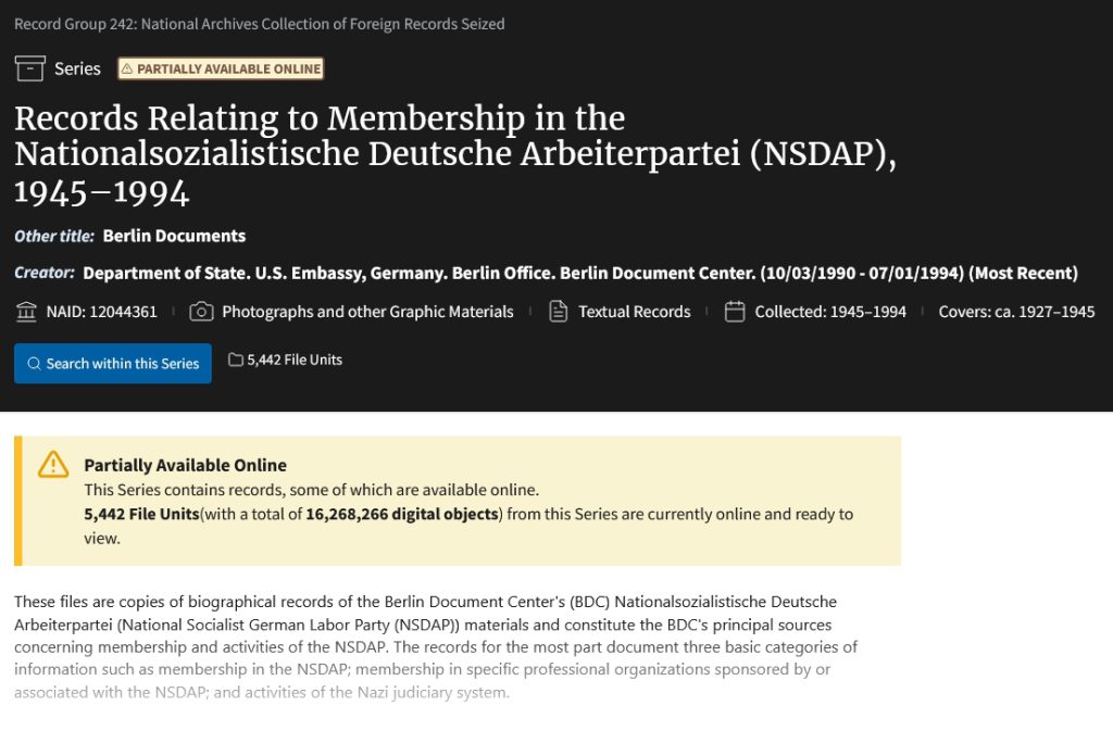 Abb. 1 - Ausschnitt der Bestandsübersicht "Records Relating to Membership in the Nationalsozialistische Deutsche Arbeiterpartei (NSDAP), 1945-1994 des US-Nationalarchivs. Screenshot erstellt durch Sascha Kirchhoff (Stadtarchiv Nürnberg).